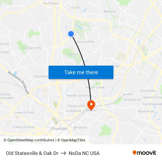 Old Statesville & Oak Dr to NoDa NC USA map