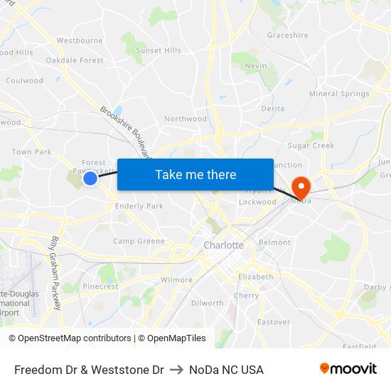 Freedom Dr & Weststone Dr to NoDa NC USA map