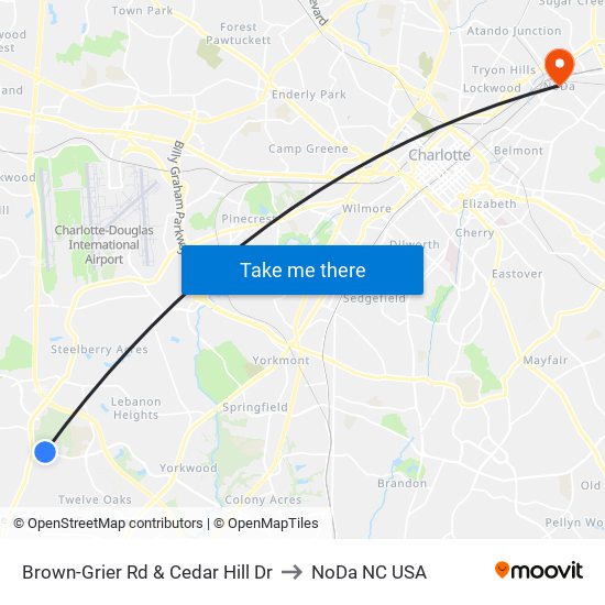 Brown-Grier Rd & Cedar Hill Dr to NoDa NC USA map