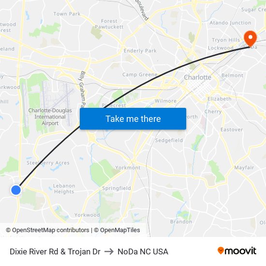 Dixie River Rd & Trojan Dr to NoDa NC USA map