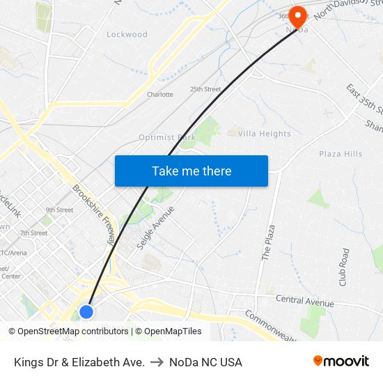 Kings Dr & Elizabeth Ave. to NoDa NC USA map