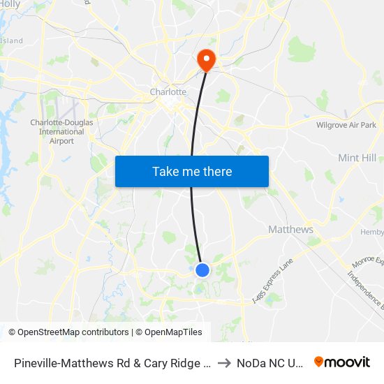 Pineville-Matthews Rd & Cary Ridge Dr to NoDa NC USA map