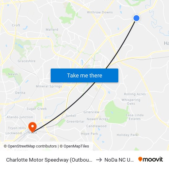 Charlotte Motor Speedway (Outbound) to NoDa NC USA map
