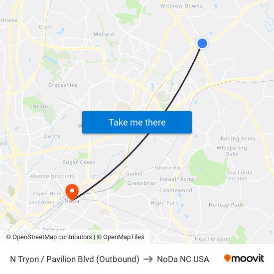 N Tryon / Pavilion Blvd (Outbound) to NoDa NC USA map