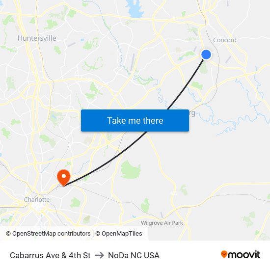 Cabarrus Ave & 4th St to NoDa NC USA map