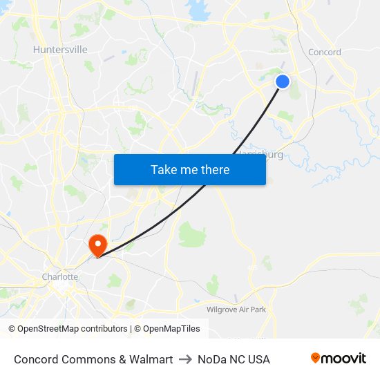 Concord Commons & Walmart to NoDa NC USA map