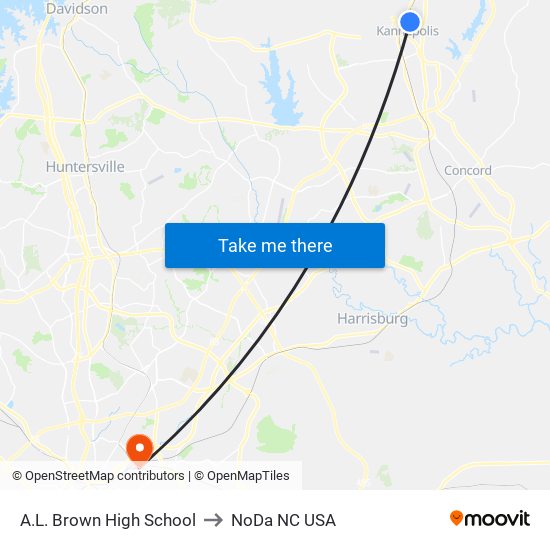 A.L. Brown High School to NoDa NC USA map