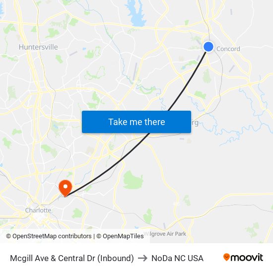 Mcgill Ave & Central Dr (Inbound) to NoDa NC USA map