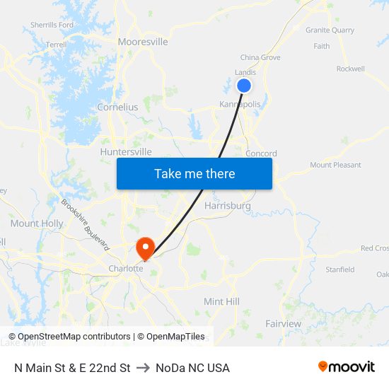 N Main St & E 22nd St to NoDa NC USA map