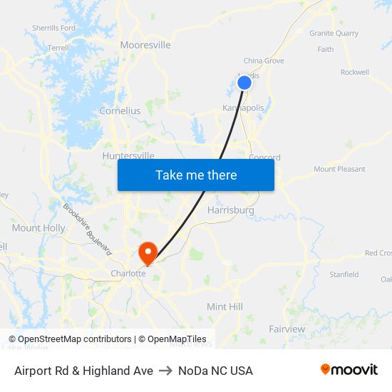 Airport Rd & Highland Ave to NoDa NC USA map