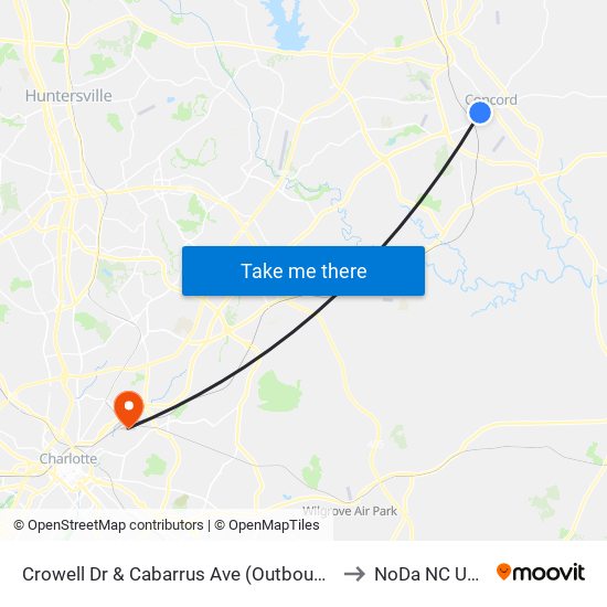 Crowell Dr & Cabarrus Ave (Outbound) to NoDa NC USA map