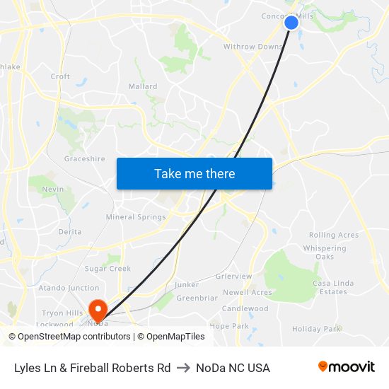 Lyles Ln & Fireball Roberts Rd to NoDa NC USA map