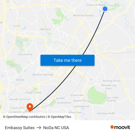 Embassy Suites to NoDa NC USA map