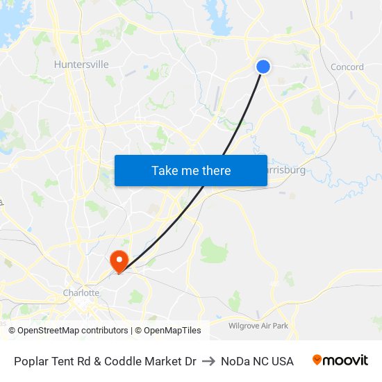 Poplar Tent Rd & Coddle Market Dr to NoDa NC USA map