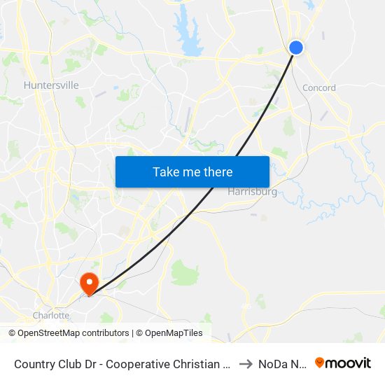 Country Club Dr - Cooperative Christian Ministries (Inbound) to NoDa NC USA map