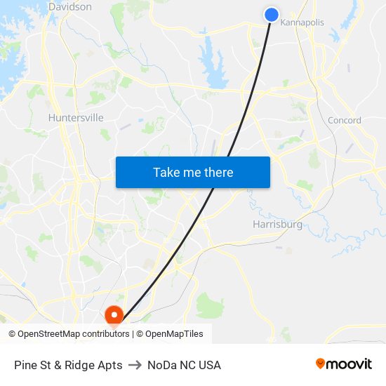 Pine St & Ridge Apts to NoDa NC USA map