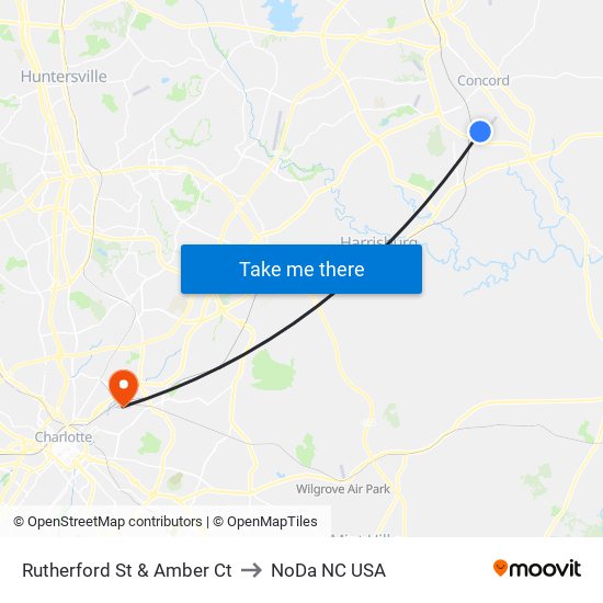 Rutherford St & Amber Ct to NoDa NC USA map