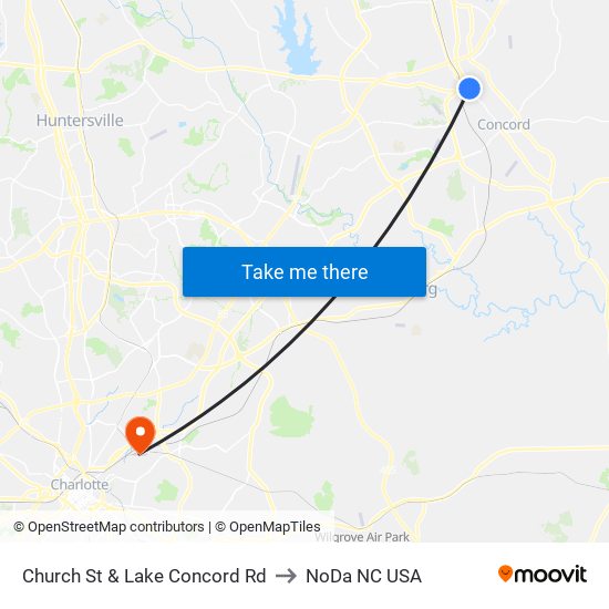 Church St & Lake Concord Rd to NoDa NC USA map