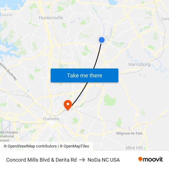 Concord Mills Blvd & Derita Rd to NoDa NC USA map