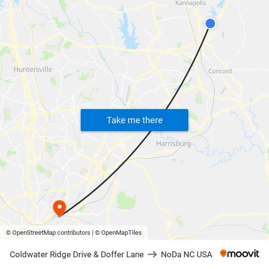 Coldwater Ridge Drive & Doffer Lane to NoDa NC USA map