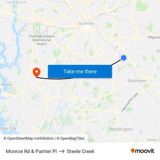 Monroe Rd & Painter Pl to Steele Creek map