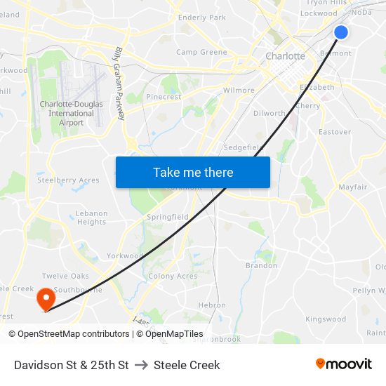 Davidson St & 25th St to Steele Creek map