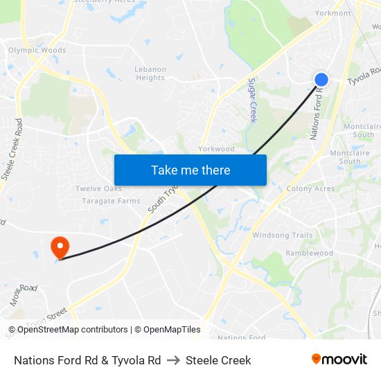 Nations Ford Rd & Tyvola Rd to Steele Creek map