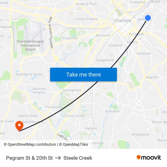 Pegram St & 20th St to Steele Creek map