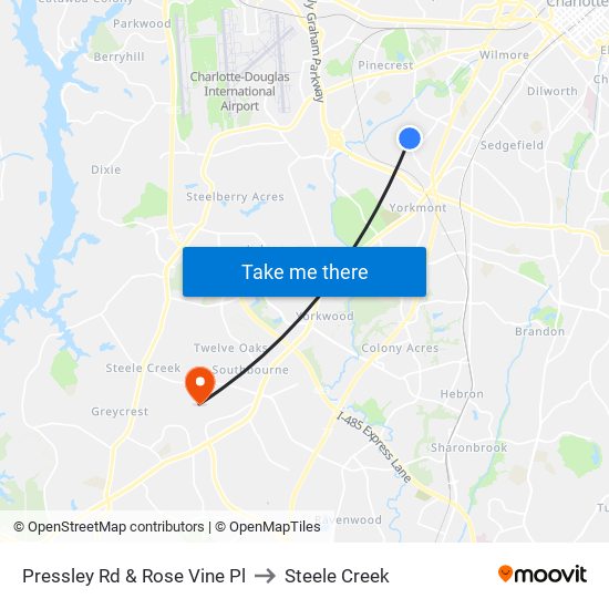 Pressley Rd & Rose Vine Pl to Steele Creek map