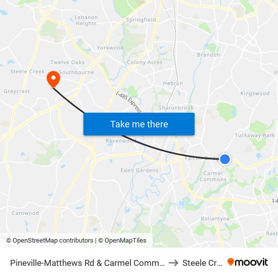 Pineville-Matthews Rd & Carmel Commons Blvd to Steele Creek map
