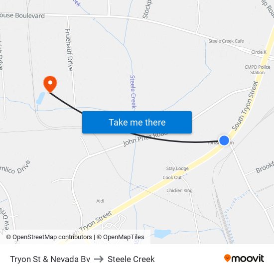 Tryon St & Nevada Bv to Steele Creek map