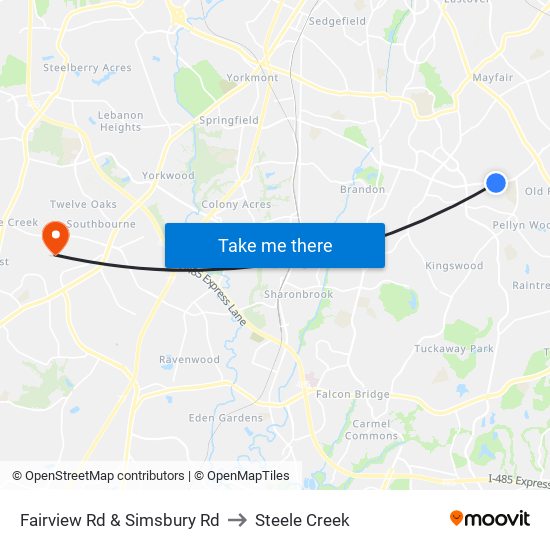 Fairview Rd & Simsbury Rd to Steele Creek map