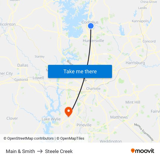 Main & Smith to Steele Creek map