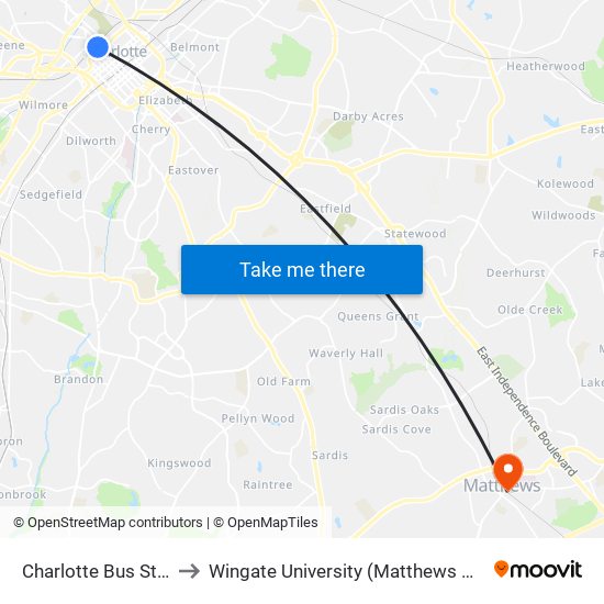 Charlotte Bus Station to Wingate University (Matthews  Campus) map