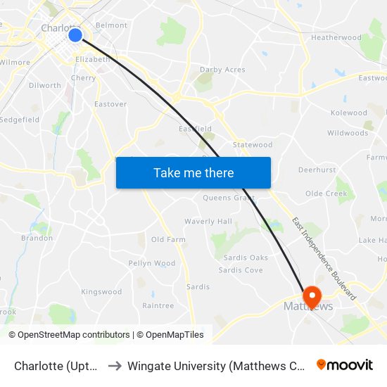 Charlotte (Uptown) to Wingate University (Matthews  Campus) map
