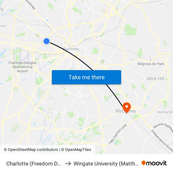 Charlotte (Freedom Dr/Ashley Rd) to Wingate University (Matthews  Campus) map