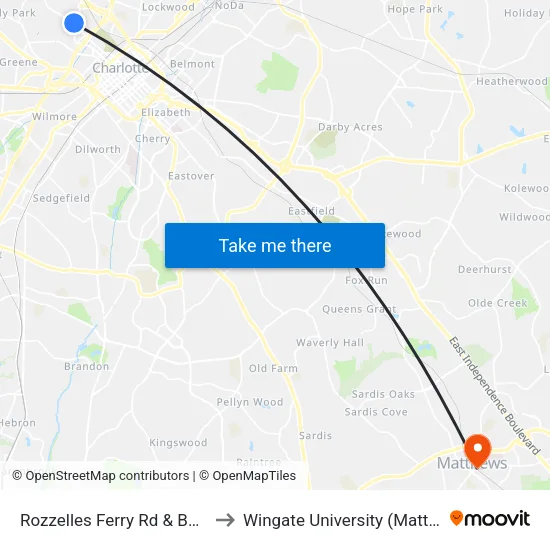 Rozzelles Ferry Rd & Beatties Ford Rd to Wingate University (Matthews  Campus) map