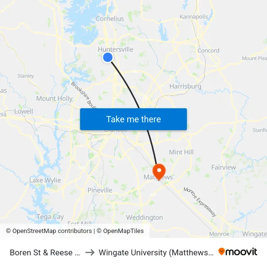 Boren St & Reese Blvd W to Wingate University (Matthews  Campus) map