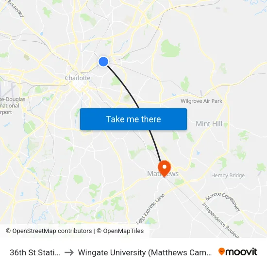 36th St Station to Wingate University (Matthews  Campus) map
