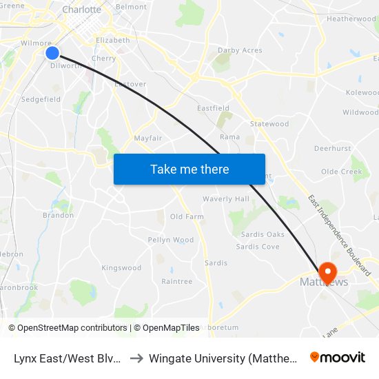 Lynx East/West Blvd Station to Wingate University (Matthews  Campus) map