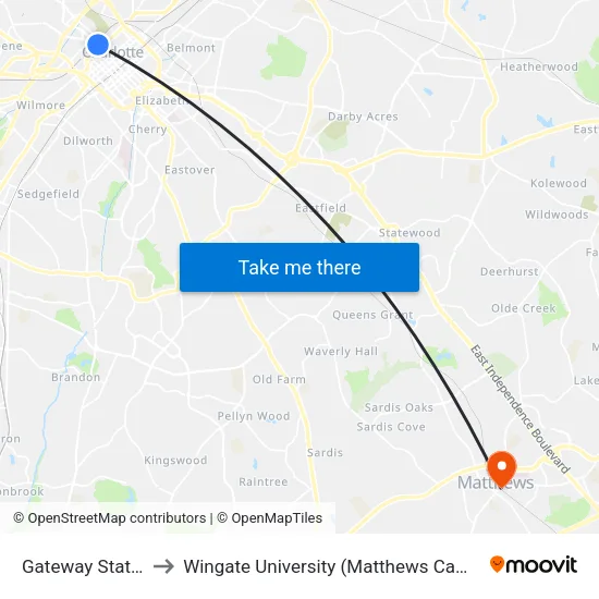 Gateway Station to Wingate University (Matthews  Campus) map