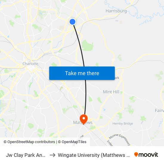 Jw Clay Park And Ride to Wingate University (Matthews  Campus) map