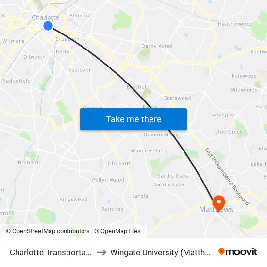 Charlotte Transportation Center to Wingate University (Matthews  Campus) map