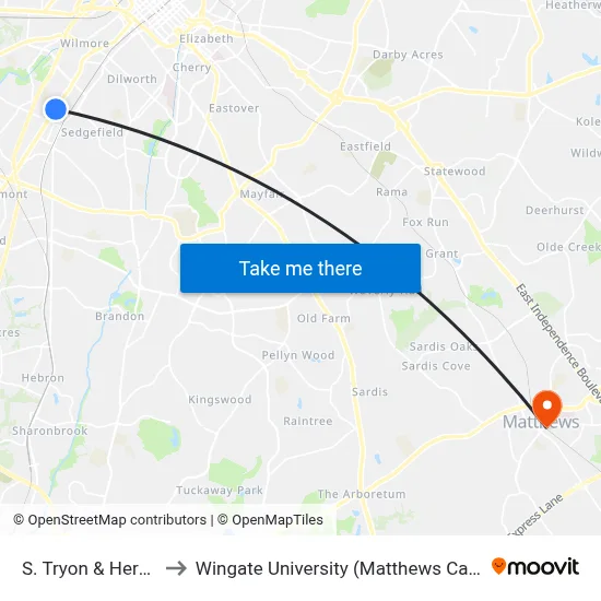 S. Tryon & Herman to Wingate University (Matthews  Campus) map