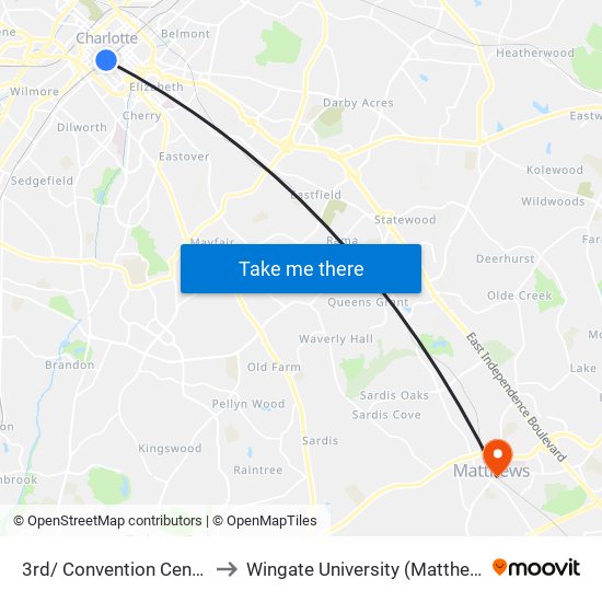 3rd/ Convention Center Station to Wingate University (Matthews  Campus) map