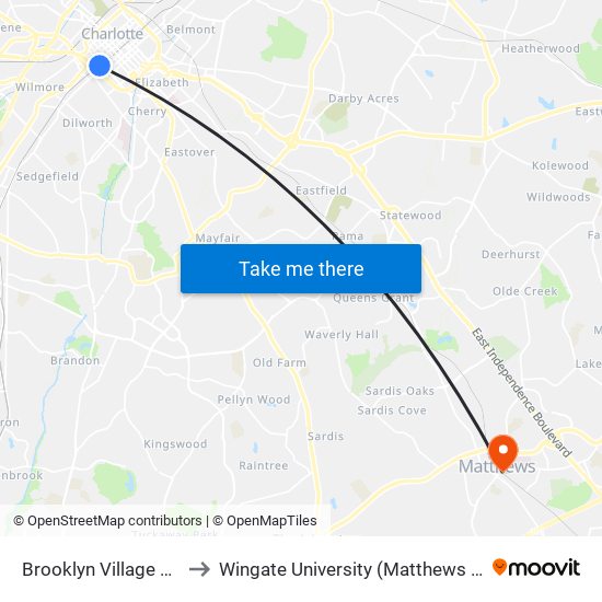 Brooklyn Village Station to Wingate University (Matthews  Campus) map