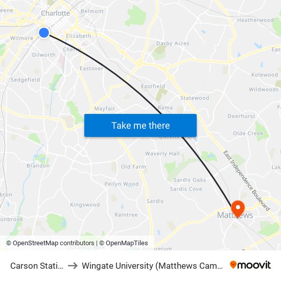 Carson Station to Wingate University (Matthews  Campus) map