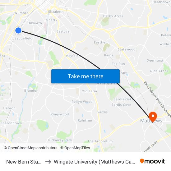 New Bern Station to Wingate University (Matthews  Campus) map