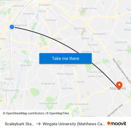 Scaleybark Station to Wingate University (Matthews  Campus) map