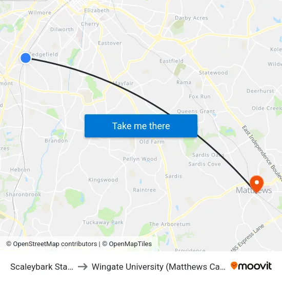 Scaleybark Station to Wingate University (Matthews  Campus) map